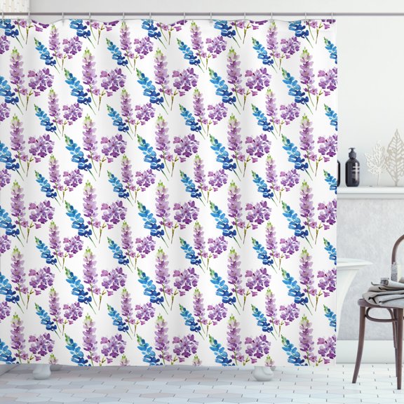 Floral Shower Curtain, Hand Drawn Illustration of Violet Tone Flowers Botanical Items, Fabric Bathroom Set with Hooks, 69W X 70L Inches, Dark Blue Fuchsia Lavender Fawn, by Ambesonne