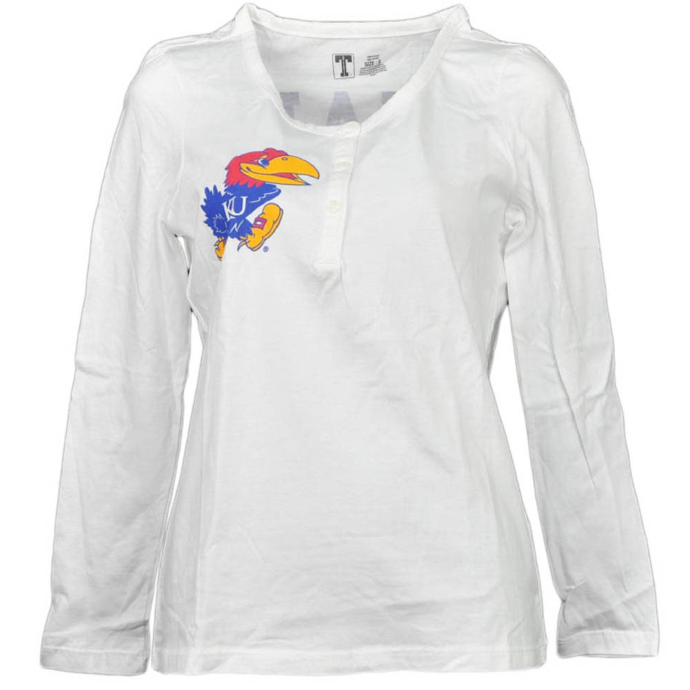 NCAA Kansas Jayhawks White Womens Long Sleeve Tshirt Button Crew Neck Small by T University