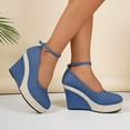 thumbnail image 6 of Blue Women High Heel Wedge Sandals Denim Waterproof Platform Thick Bottom Roman Style, 6 of 9