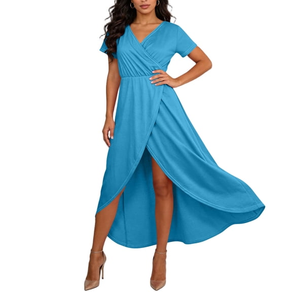 Blmnix Valentine Dresses for Women 2026 High-Low Flowy Waisted Dresses Short Sleeve V-Neck Blue Drop Waist Dress Women,XXXL