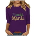 thumbnail image 2 of TrendVibe365 Mardi Gras Womens Plus Size Tops 3/4 Sleeve Round Neck Polyester Casual Mask Printed Mardi Gras Celebrations Blouse Tops for Mardi Gras Event Purple M, 2 of 5