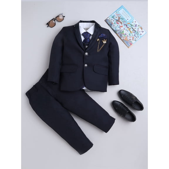 Boys Cotton Blend Solid 5-Piece Coat Suit Set with Waistcoat, Shirt, Trouser & Tie