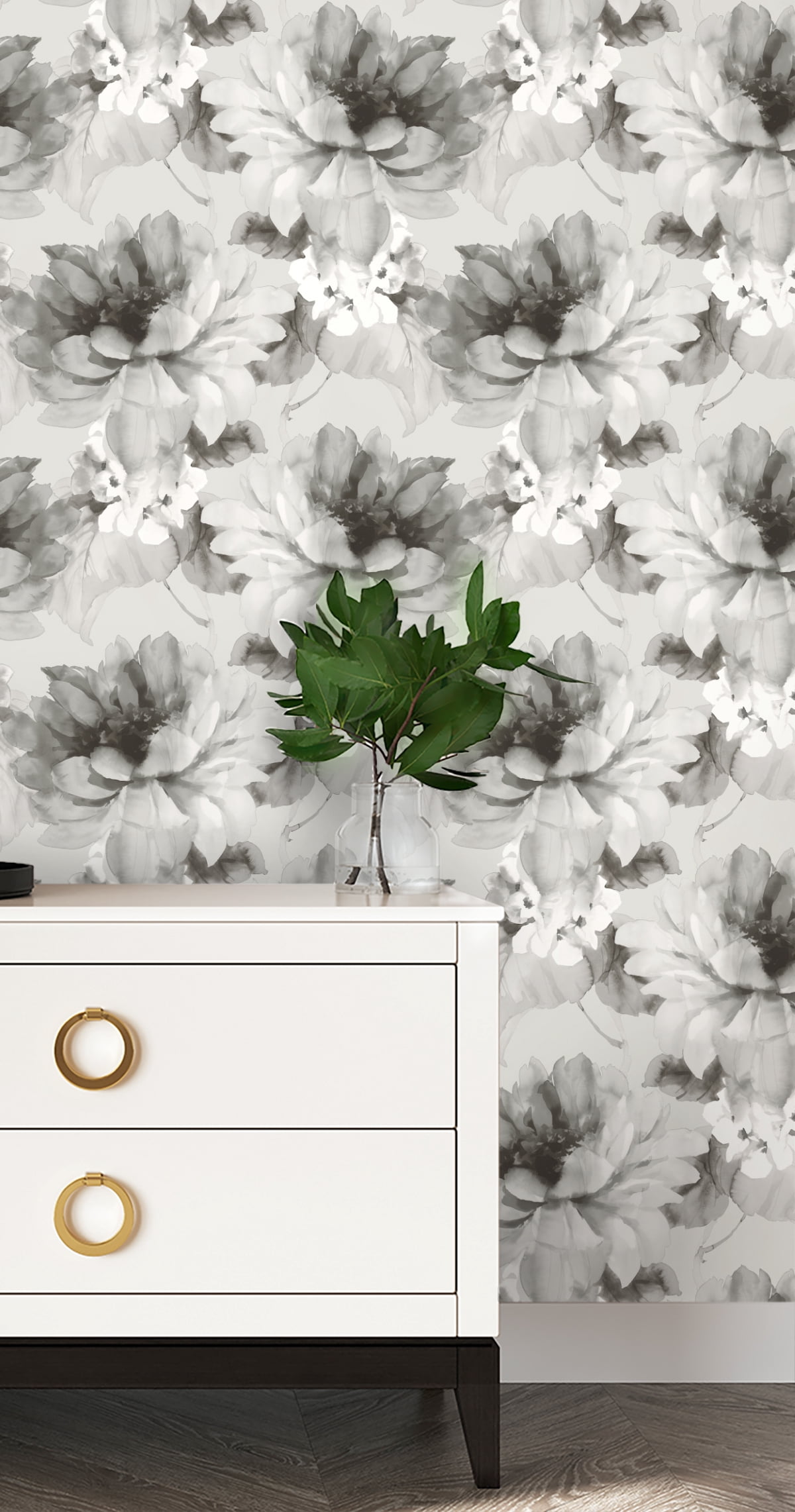 NextWall Harry & Grace Watercolor Floral Peel and Stick Wallpaper 20.5 in. W x 18 ft. L - Ash & Metallic Silver
