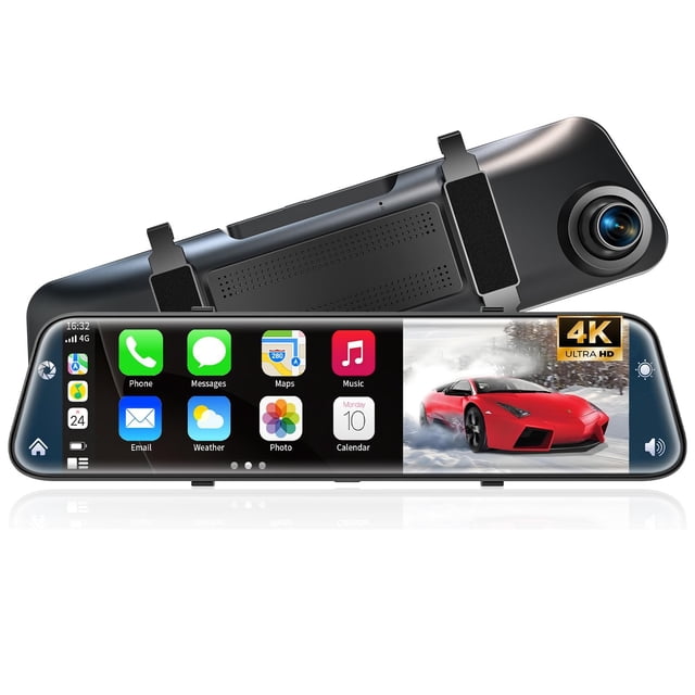 Cámara de espejo retrovisor 4K con Carplay y Android Auto,Espejo de 12 pulgadas delantera y trasera con control de voz para coches y camiones, pantalla táctil inteligente/grabación de bucle/asistencia