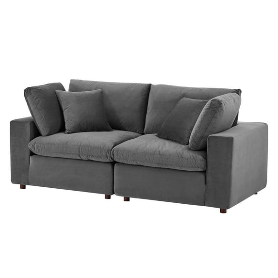 Loveseat Sofa, Velvet, Grey Gray, Modern Contemporary Urban Design, Living Lounge Room Hotel Lobby Hospitality