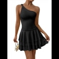 thumbnail image 1 of Vestido Mini de Corte A Sin Mangas con Volantes Escalonados, Fruncido y un Hombro para Mujer Negro S, 1 of 7