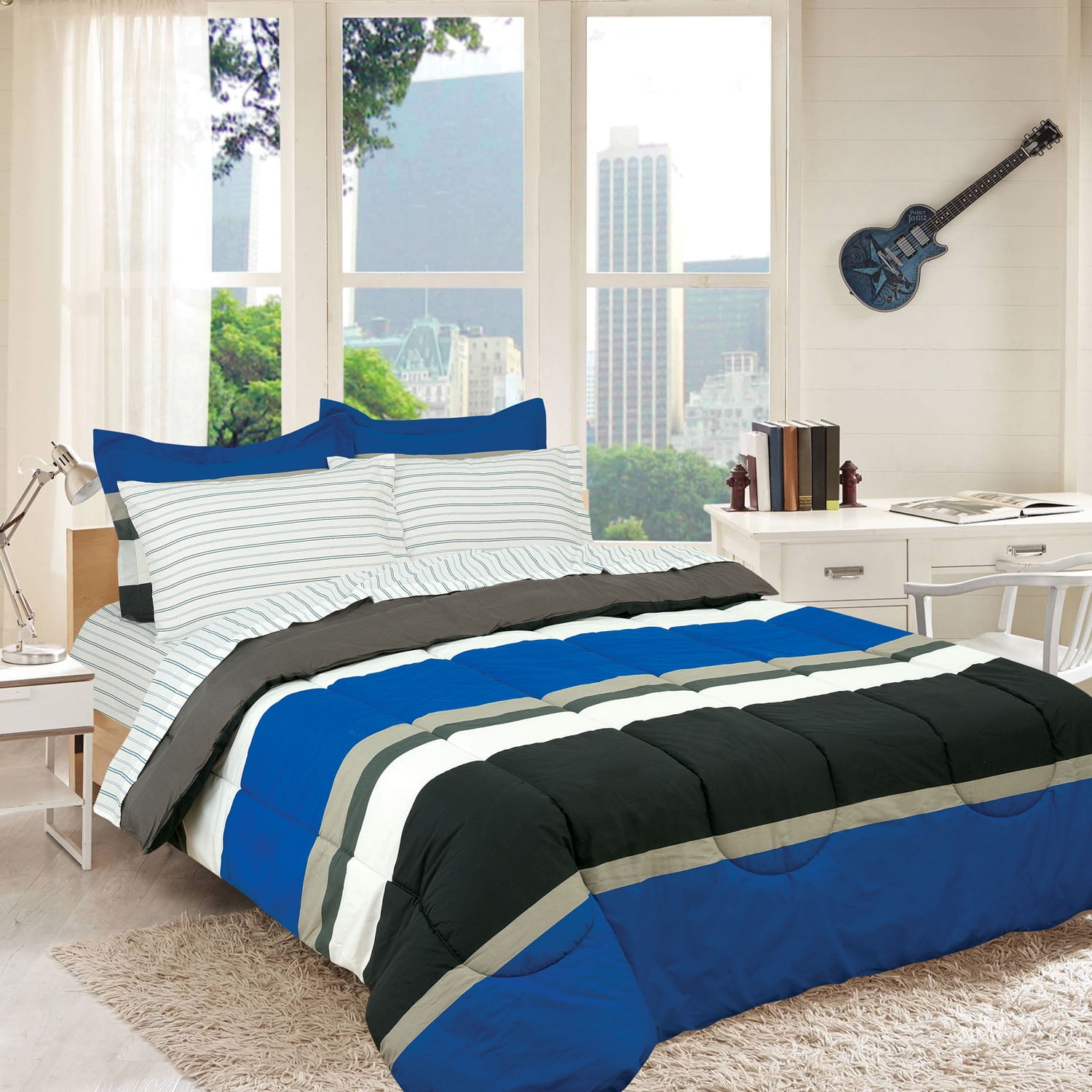 Sham & Toss Pillow 3 Piece Bedding Blue Khaki White Stripe Boys Twin Comforter 