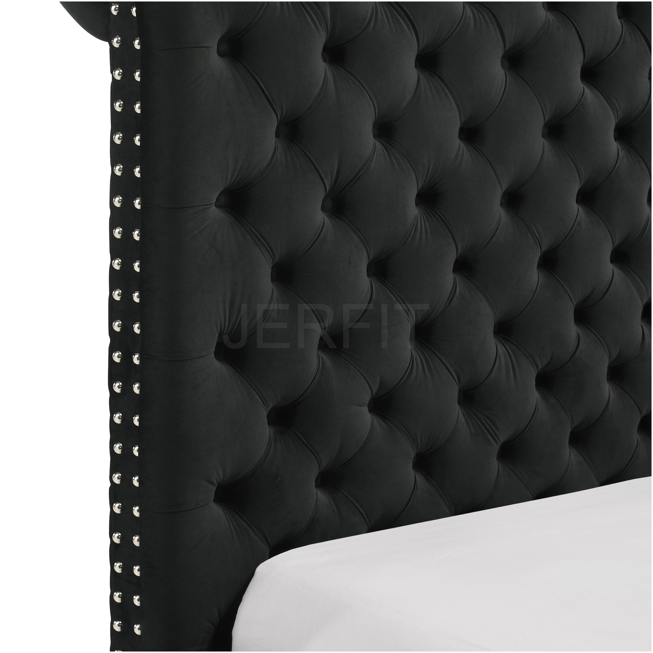 JERFIT King Size Upholstered Bed Frame with Storage, Round Tufted Headboard and Footboard, Modern Glam Velvet Platform Bed, Black
