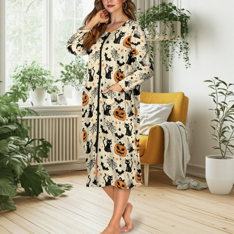 Long Sleeve Ladies Long Robes With Zipper Womens Zip Front Long