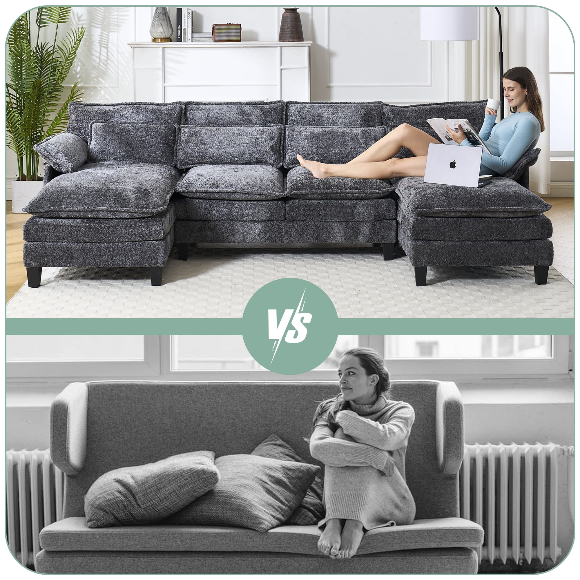 JONPONY 109.45" Modular Sectional Sofa with Double Cushion Sleeper Chaise,Modern Oversized Comfy Bouble Couch with Waist Pillows for Living Room,Grey