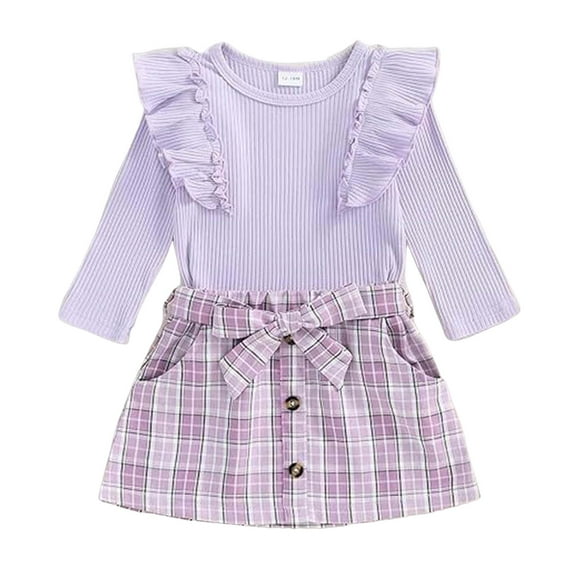 Zshosam Toddler Girl Clothes Fall Toddler Girl Outfits Ruffled Long Sleeve Top Plaid Tweed Skirt Set Fall Winter Girls Clothes Size 18 24 Months,(Light Purple 18-24 Months)