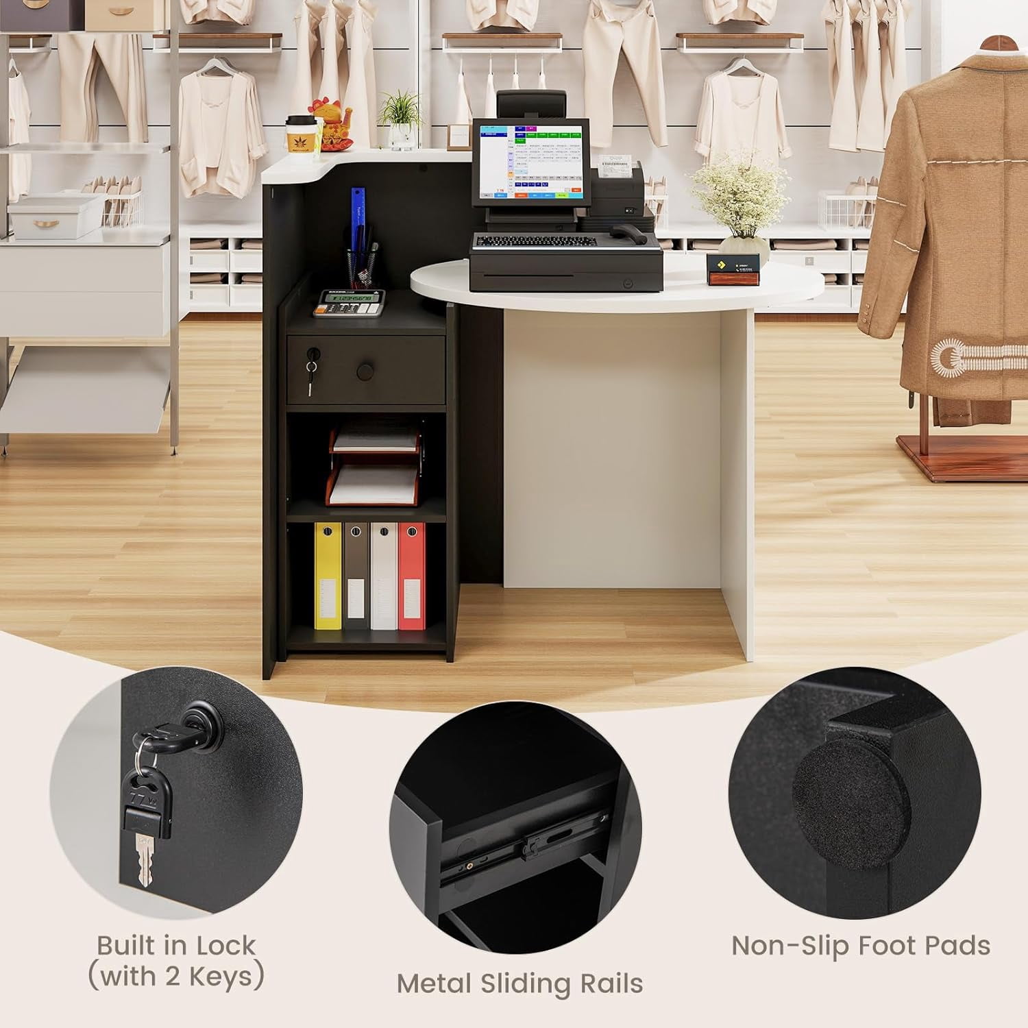 Reception Desk, Small Retail Checkout Counter with Lockable Drawer and Open Shelves, Wooden Front Desk Reception Counter, Oval Desktop & L Counter for Store Office Lobby Salon (White & Black)