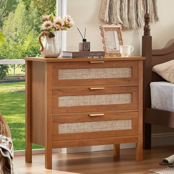 Leyaoyao 3-Drawer Storage Nightstand, 31.5" Wide Rattan Bedside Table, Boho Storage Cabinet with Shelf for Bedroom, Living Room - Tea Brown