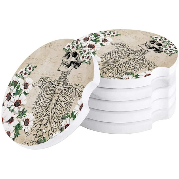 FMSHPON Skull and Daisies Vintage Style Set of 4 Car Coaster for Drinks, Absorbent Ceramic Stone Coasters Cup Mat with Cork Base for Home Kitchen Room Coffee Table Bar Decor