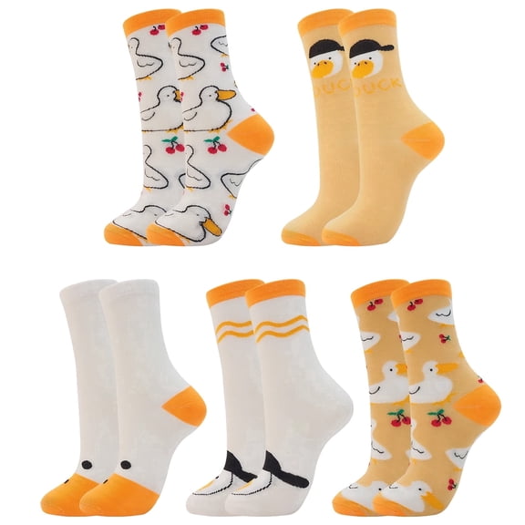 Kicpot 5 Pairs Crew Socks Women's Casual Comfortable Duck Printed Socks Unisex Funny Cute Crew Socks Animal Gifts for Women