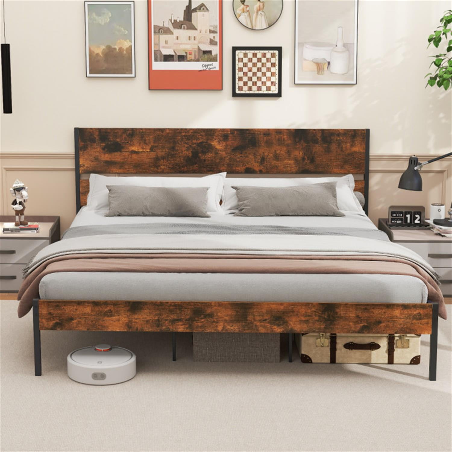 Demi Bonn King Size Bed Frame with Wooden Headboard and Footboard, Modern Metal Platform Bed Frame with Under Bed Storage, No Box Spring Needed, Brown