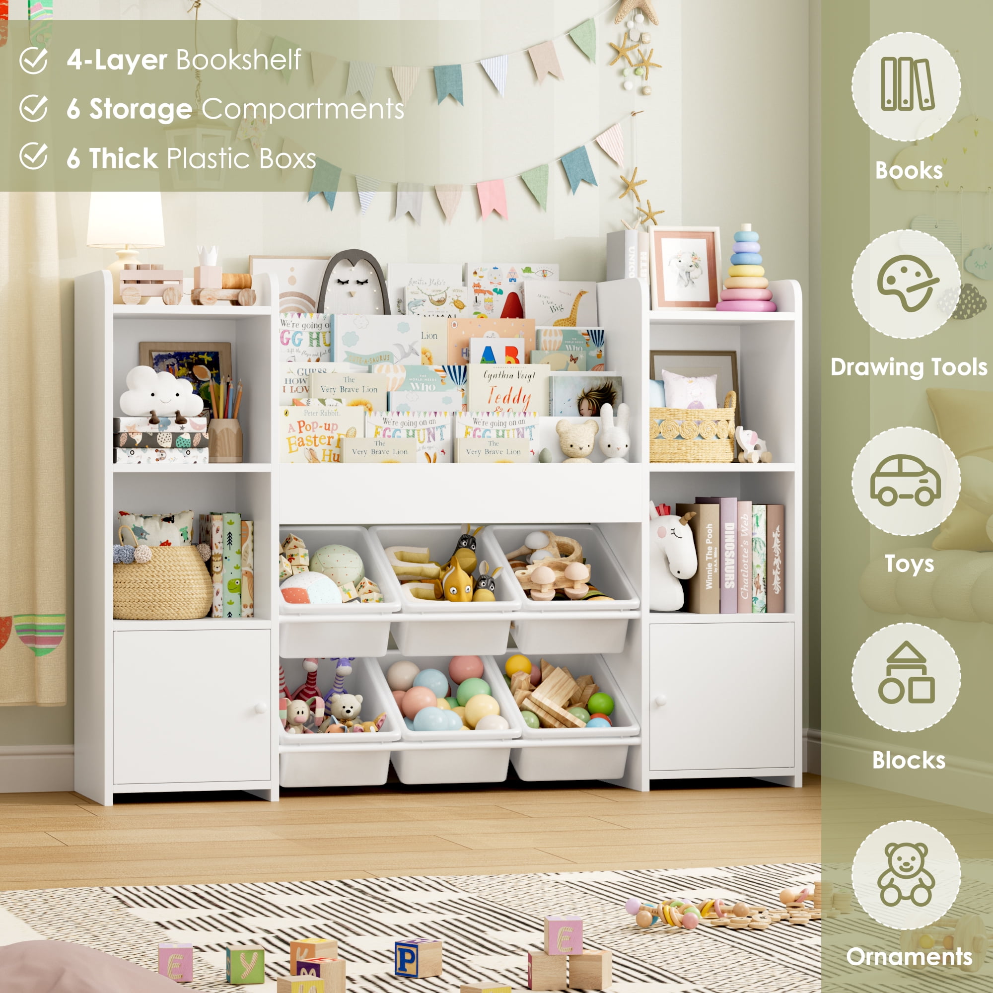 Hiphuta Kids Bookcase Toy Storage Organizer, Wooden Toy Chest for Kids with 6 Removable Toy Boxes, Kids Storage Bookshelf for Home Bedroom Playroom, White