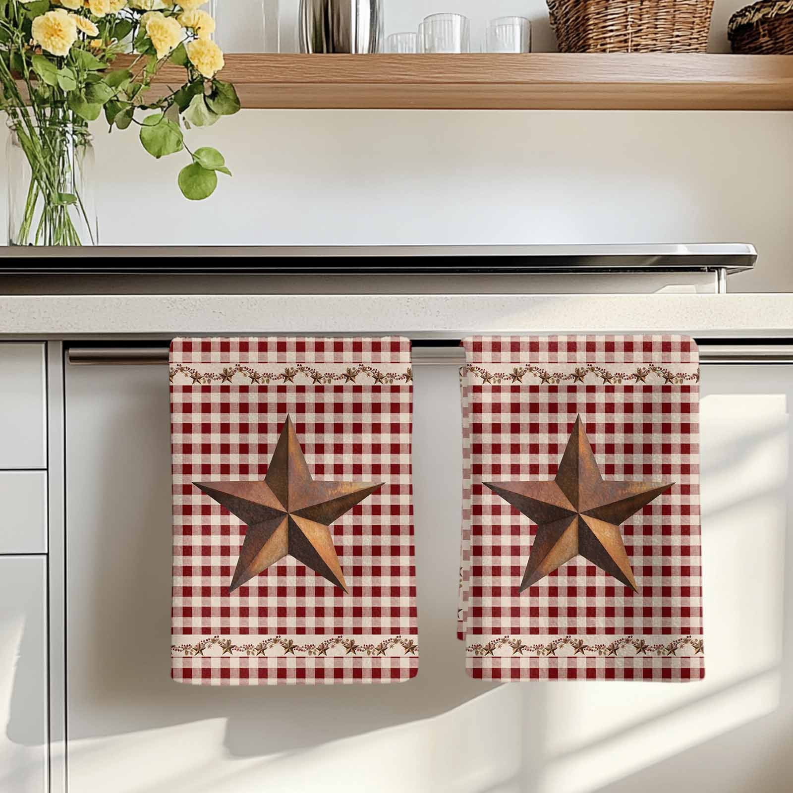 Brown Western Texas Star Vintage Kitchen Towels Set of 1, Rustic Farmhouse Red Plaid Absorbent Dish Towels for Kitchen, Microfiber Hand Towel, Quick Drying Tea Towel for Cleaning Dishcloths