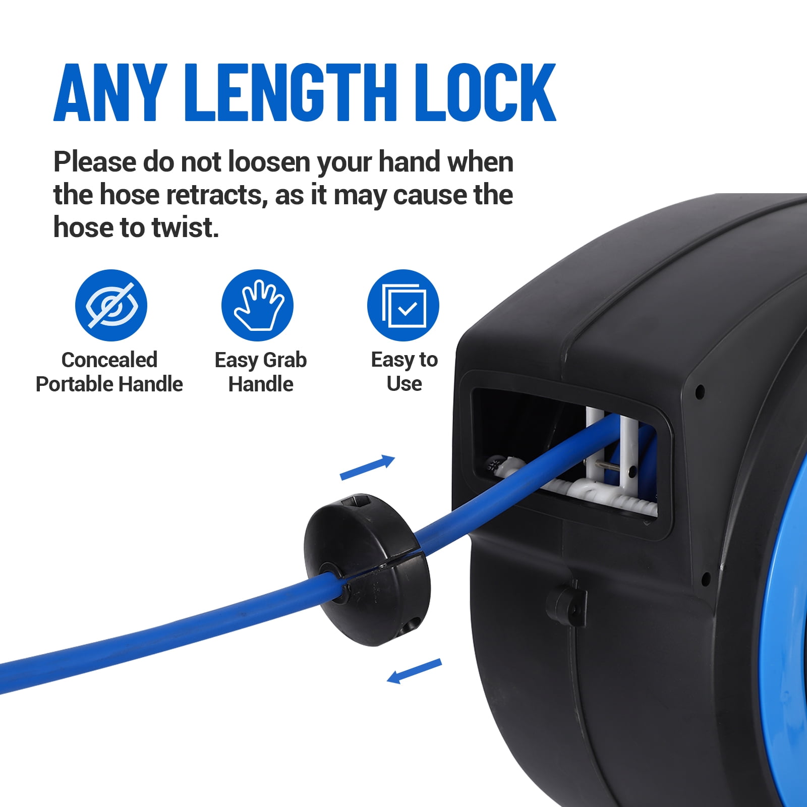 Wisykoke Enclosed Retractable Air Hose Reel 3/8 in x 65Ft Hybrid Hose Air Compressor Hose Reel with 5 Ft In Max 300 PSI Patented Design for Any Length Lock 180°Swivel Bracket Quick Coupler