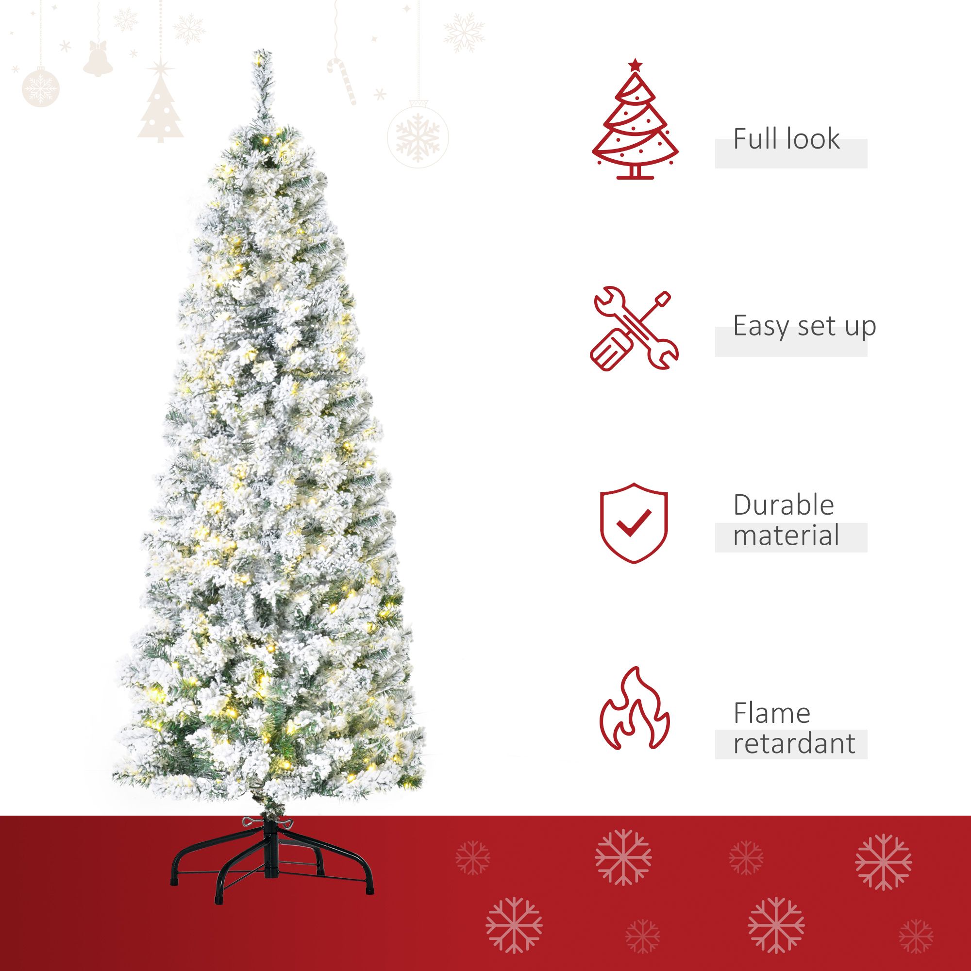 Pre-Lit Flocked Christmas Tree, 6 ft Artificial Tree with 250 Warm White LED Lights and 462 Branch Tips, PVC and Steel, Indoor Holiday Decor