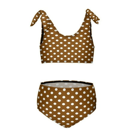 White And Brown Polka Dots Girl s 2 Piece Bikini Set Beach Sport Swimsuit Swimwear 8-10Y130cm