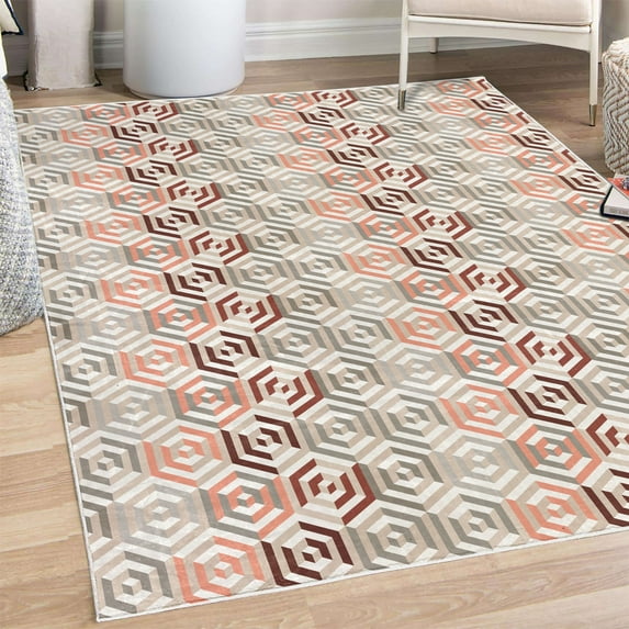 Geometric Decorative Rug, Abstract Cubes Isometric Hexagonal Shaped Pattern Colorful Retro Design Print, Quality Carpet for Bedroom Dorm and Living Room, 6 Sizes, Burgundy Blush, by Ambesonne