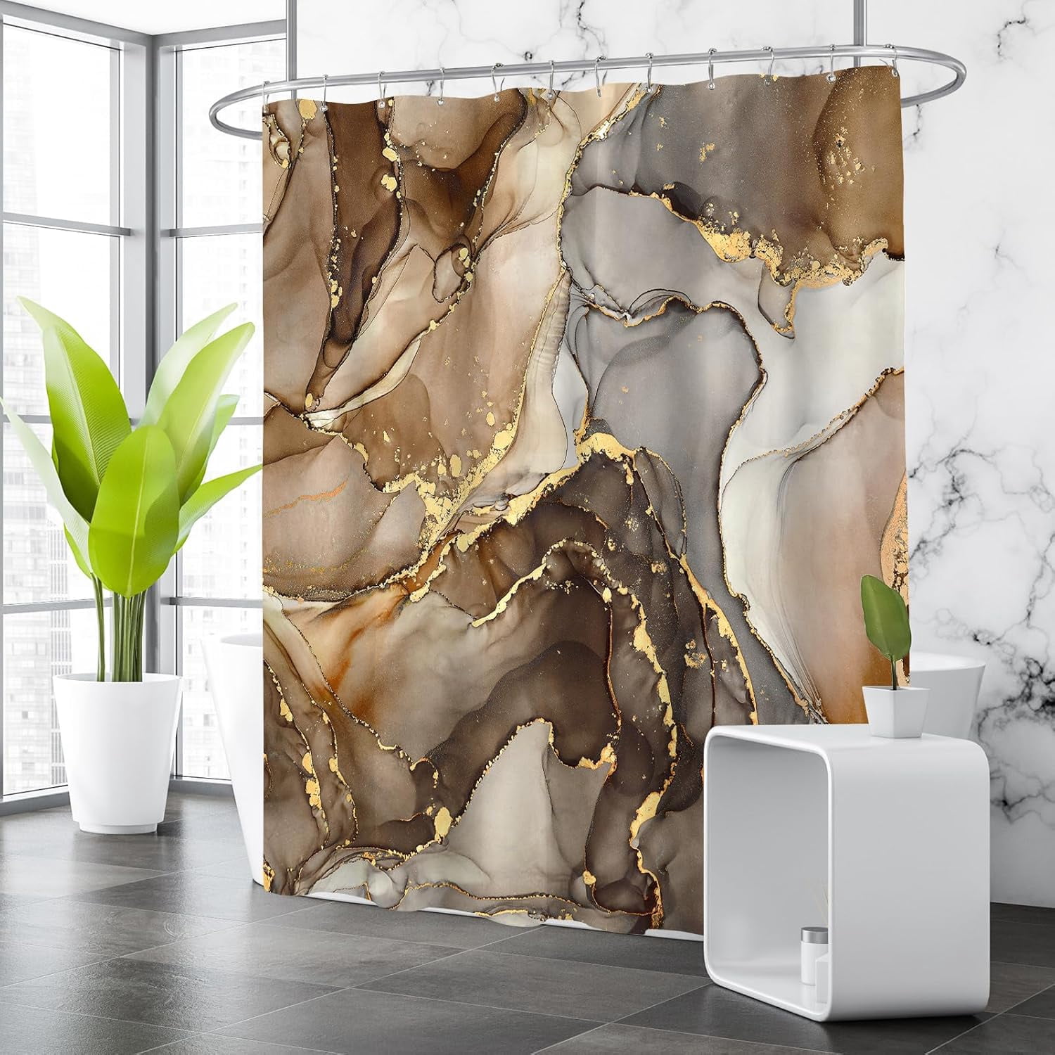 Brown Marble Shower Curtain, Modern Abstract Fabric Shower Curtain for Bathroom, Luxury Art Decor Brown Gold Ink Texture Watercolor Shower Curtain Set with Hooks 72"W x 84"L (Pack of 1)