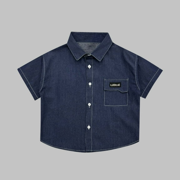 CYRBOKOToddler Boys Denim Button Down Shirts, Casual Short Sleeve Summer Vacation Shirts with Pocket Dark Blue Size 14-16 T