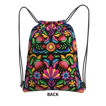Matuu Colorful Floral Embroidery Mexican for Drawstring Backpack Bag Sports Gym Sackpack Bag Travel Camping Bag with Zipper Pocket