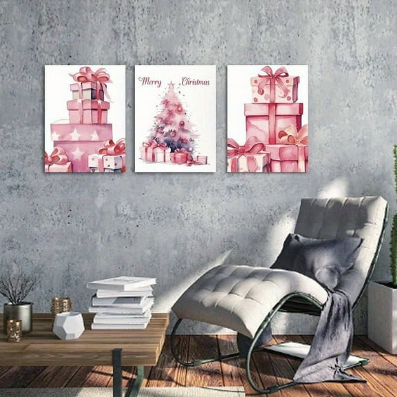 [2D Flat] 3pcs Vintage Pink Christmas Tree Gift Set, Unframed 11, 81x15, 75inch Canvas Paintings, Festive Holiday Home Decor for Living Room, Dining Room, Bedroom, Kitchen, Bathroom, perfect gift id