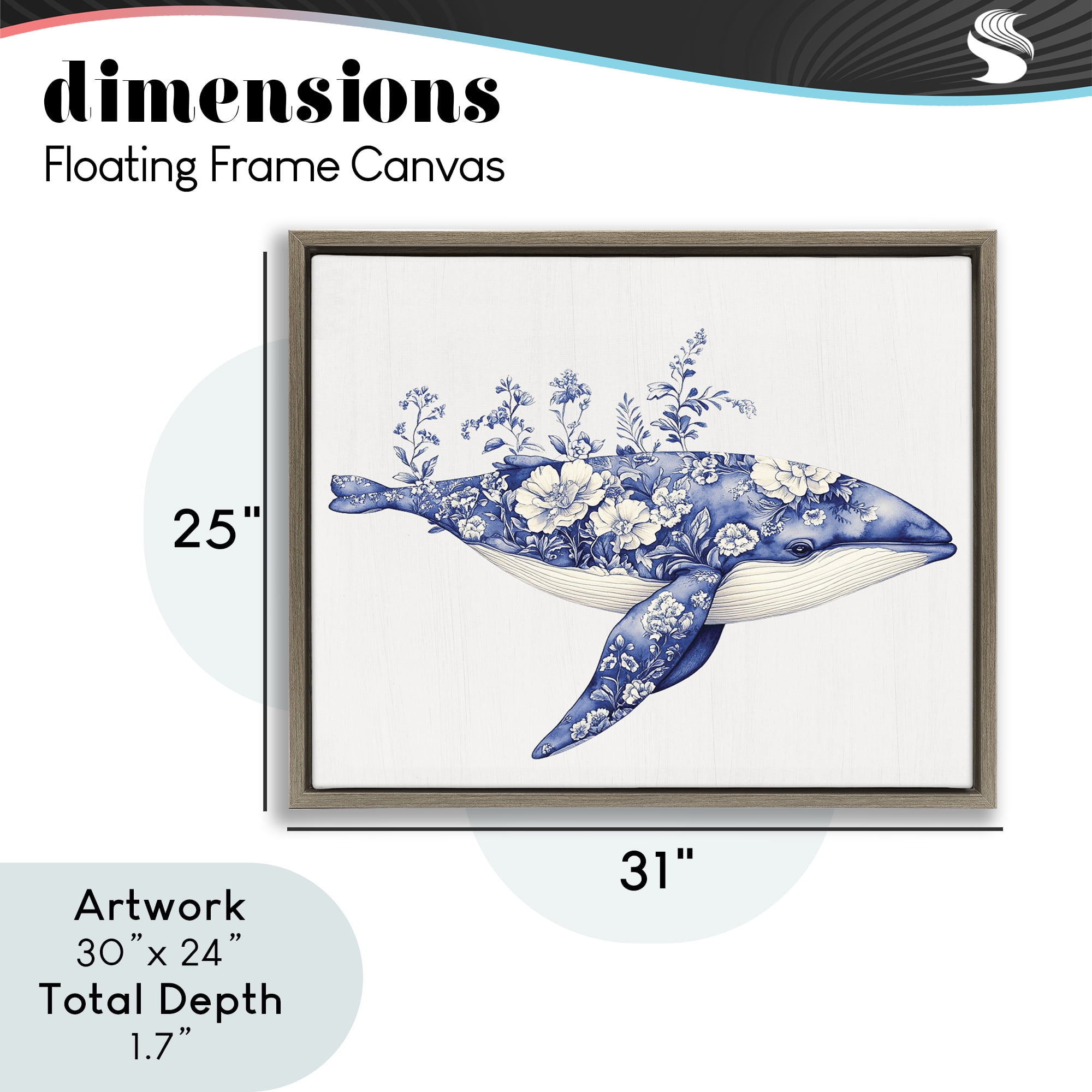 Blooming Toile Whale Brown Framed Floater Canvas Wall Art, design by Lettered and Lined