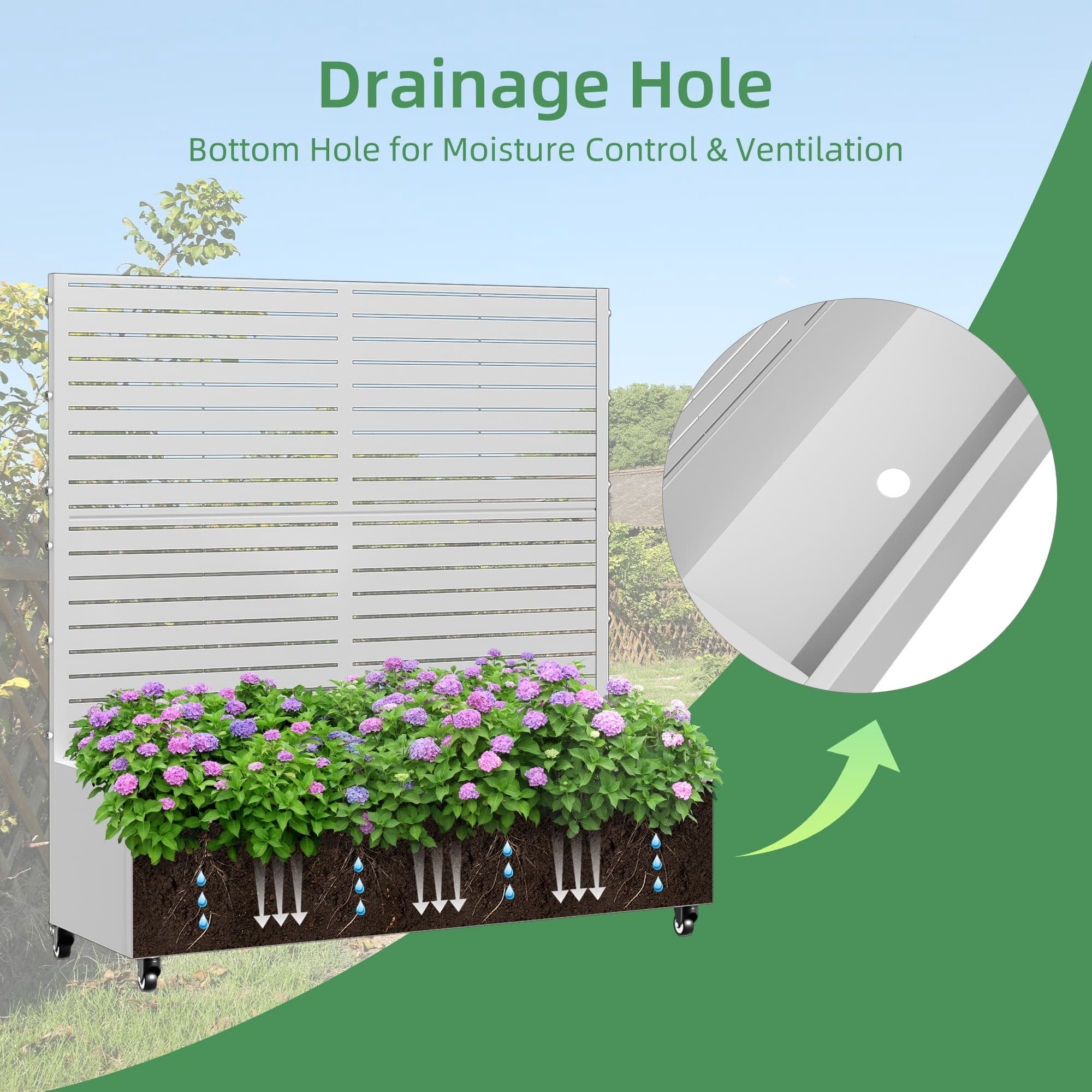 MAYEERTY 47*16*47"Outdoor White Metal Planter with Rect Louvered Climbing Trellis, Drainage hole & Wheels
