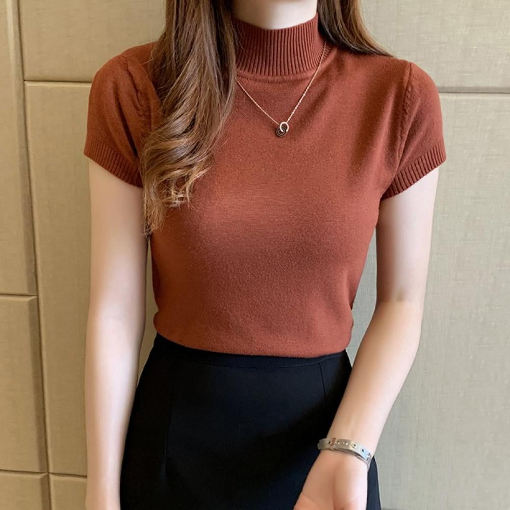 Women's Mock Neck Half Sleeve Slim Fit Ribbed Knit Tee T-Shirts