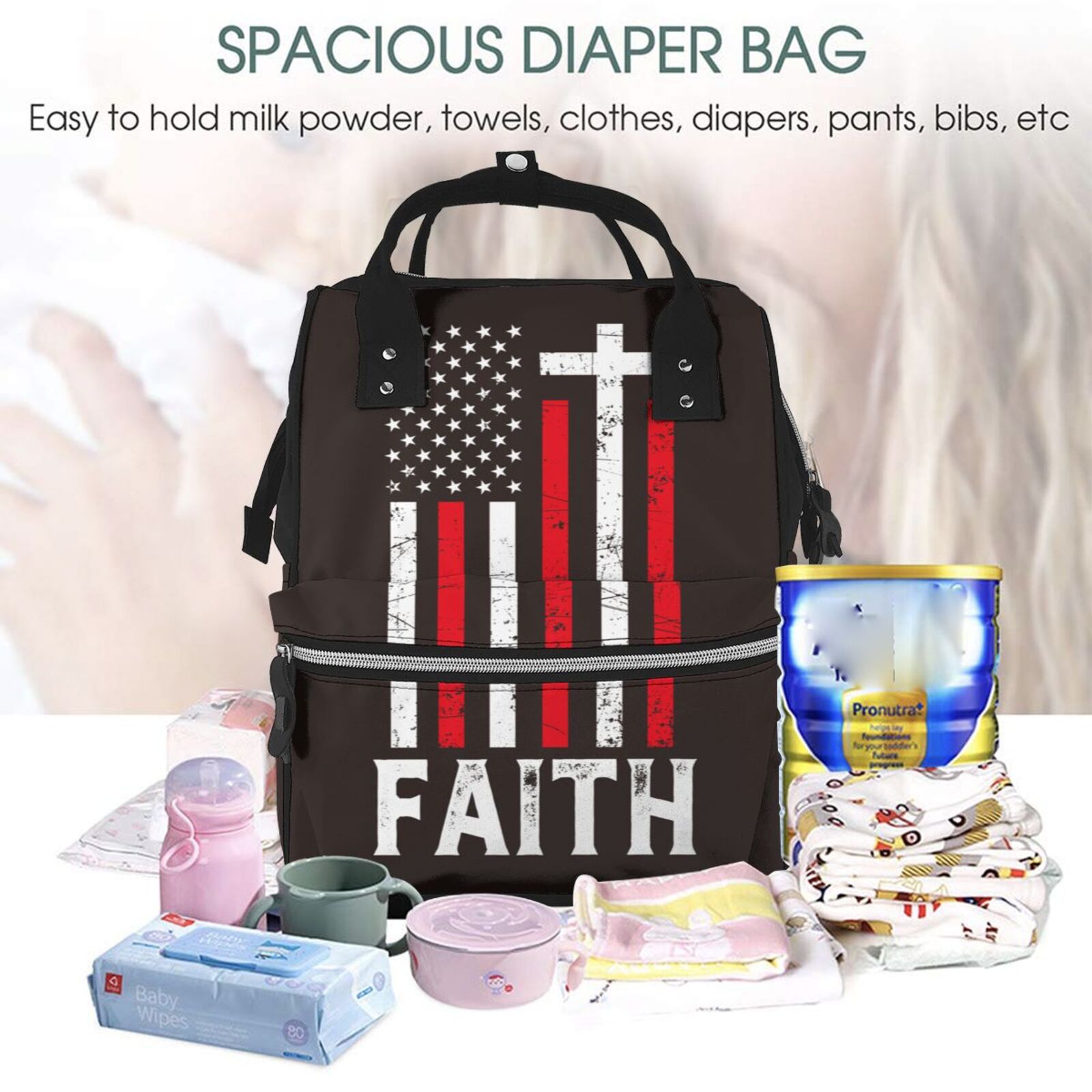 Ratiio USA Flag Cross Mummy Backpack - Waterproof Twill Canvas, Large Capacity Diaper Bag with Multiple Pockets and Adjustable Straps