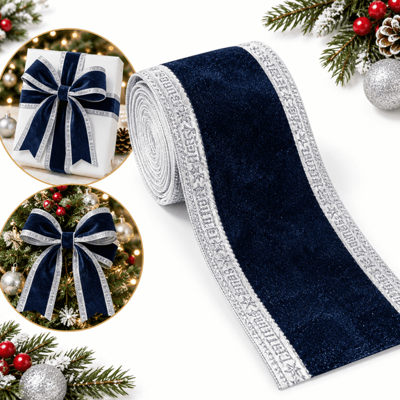 Navy Blue Christmas Velvet Wired Ribbon, 16.4 ft x 3.93 in, Silver Merry Christmas Border Ribbon for Tree, Wreath, Gift Wrapping and Holiday Crafts