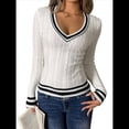 thumbnail image 1 of Suéter de Punto con Rayas y Cable para Mujer, Estilo Preppy, Cuello en V, Larga, Jerseys de Punto Ajustados S, 1 of 9