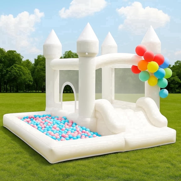 NBSPORT White Bounce House with Blower, 9x9x7FT Inflatable Castle with Slide & Ball Pit, Wedding Party Decoration & Kids Indoor Outdoor Jumping House