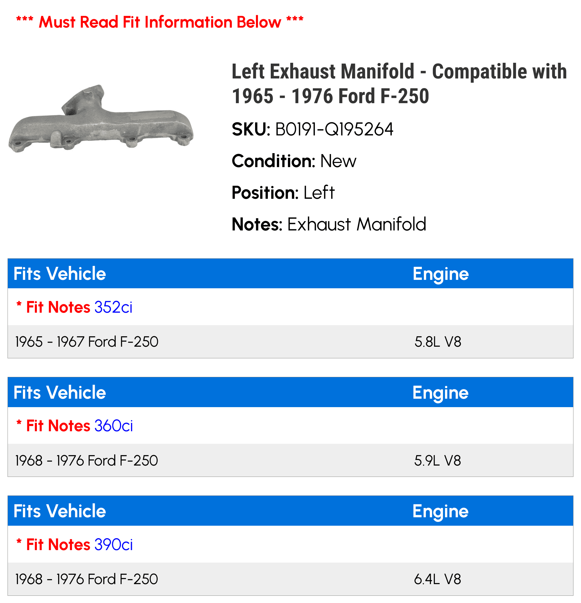 Left Exhaust Manifold - Compatible with 1965 - 1976 Ford F-250 1966 1967 1968 1969 1970 1971 1972 1973 1974 1975
