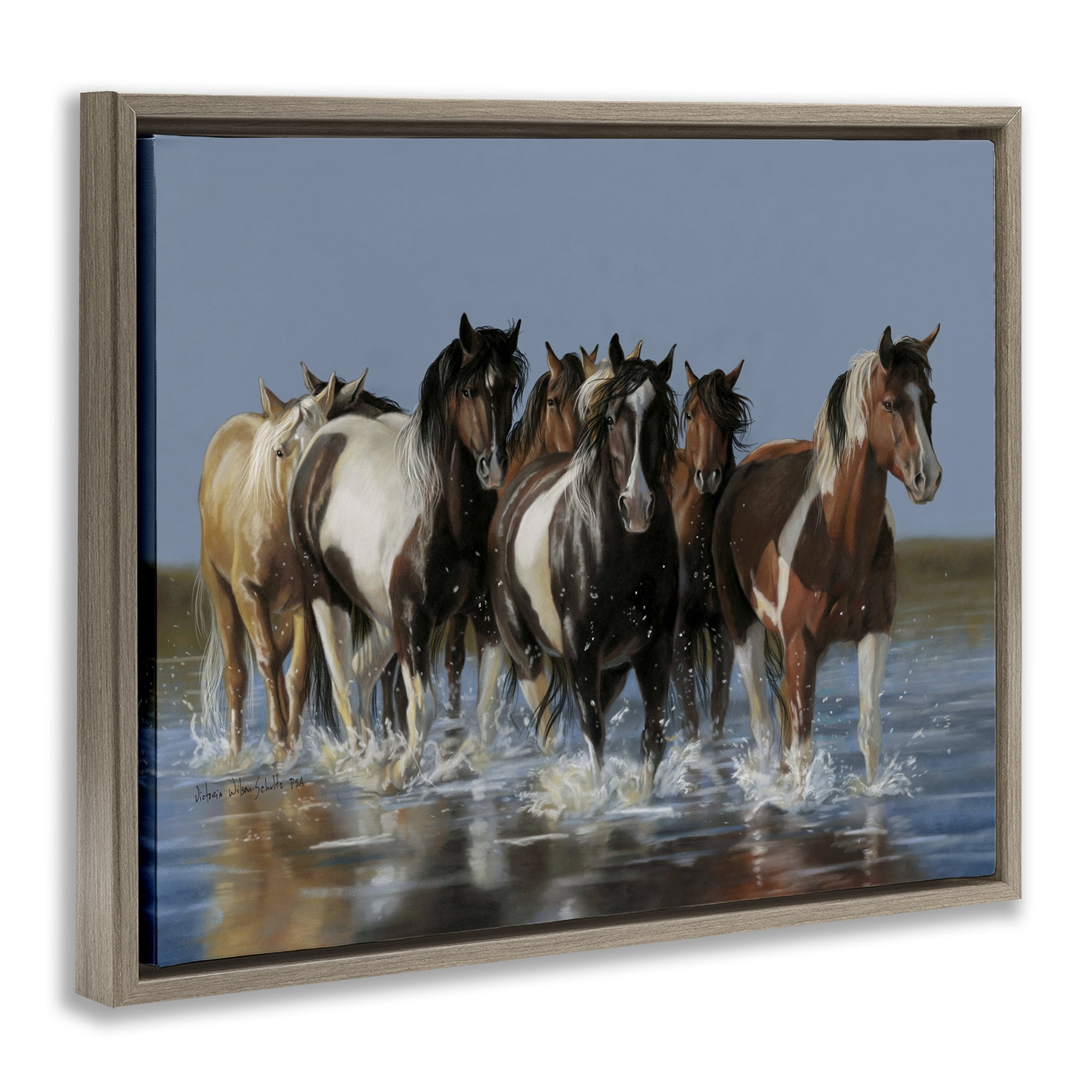 Stupell Industries Horses Running Through River Animals & Insects Painting Brown Floater Framed Canvas Art Print Wall Art, 31 x 25