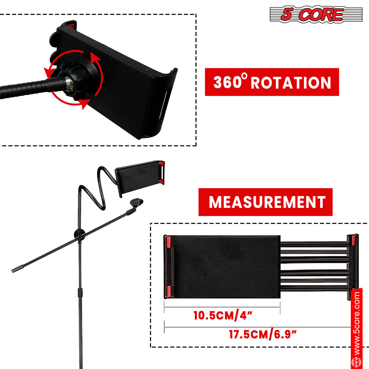 5 Core Mic Stand Pair with Tablet and Phone Holder, Adjustable Gooseneck Microphone Stand, Collapsible Tripod Boom Mic Stand With Mic Clip Holder & Phone Clamp for Singing, Karaoke, Studio MS MOB 2PCS