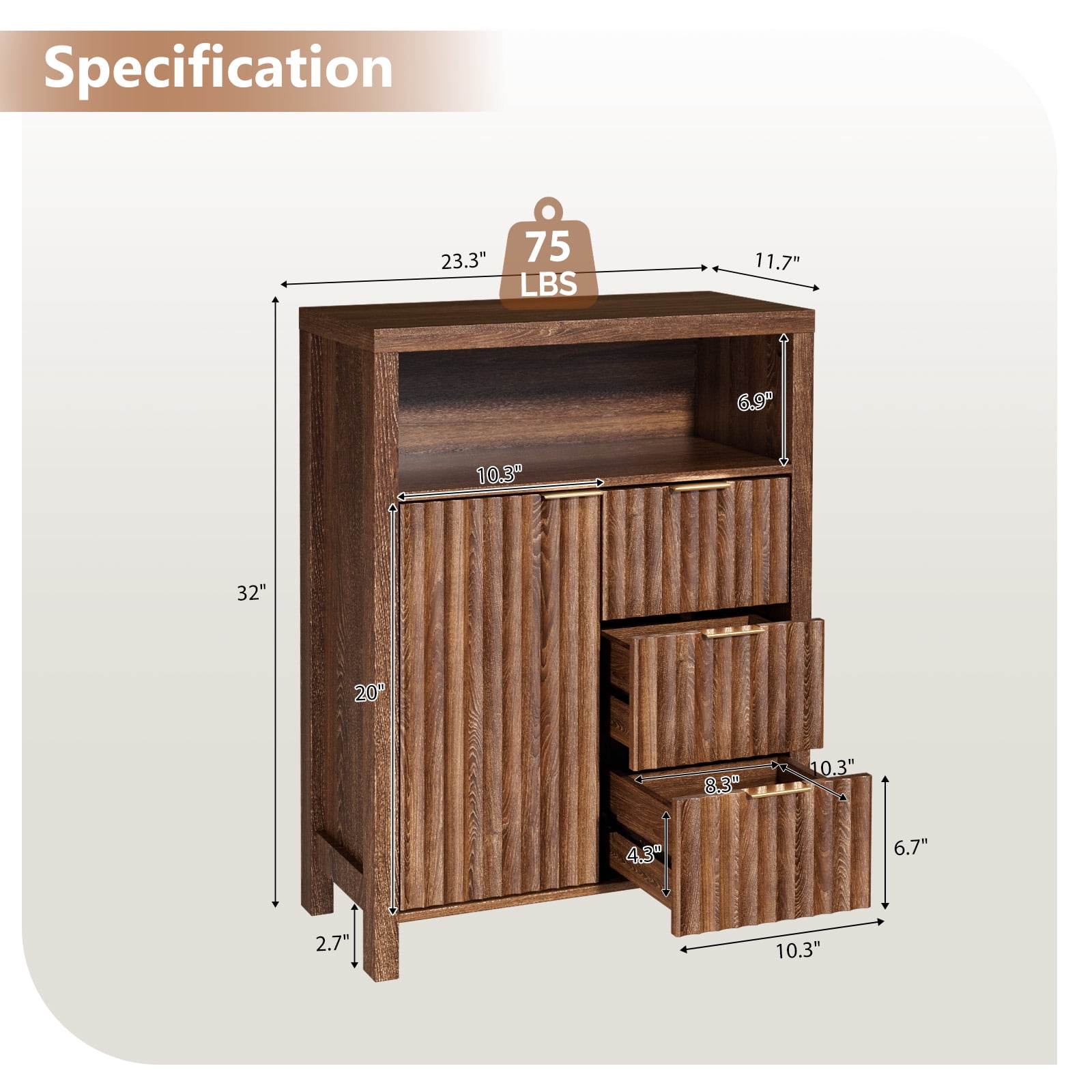 Ktaxon Fluted MDF Bathroom Floor Cabinet with Grille Single Door and Three Drawers, Walnut