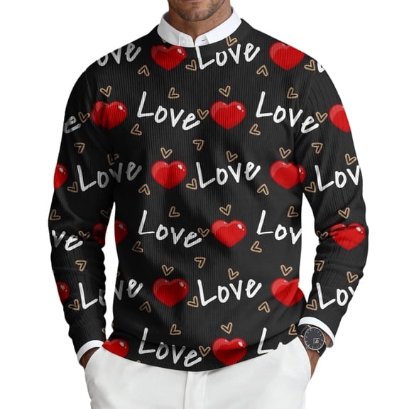 Fgvctg Valentine's Day Sweaters for Men Crewneck Ribbed Knit Sweater Love Heart Print Dressy Slim Fit Long Sleeve Pullover Sweaters Spring Lightweight Blouse Dark Gray M