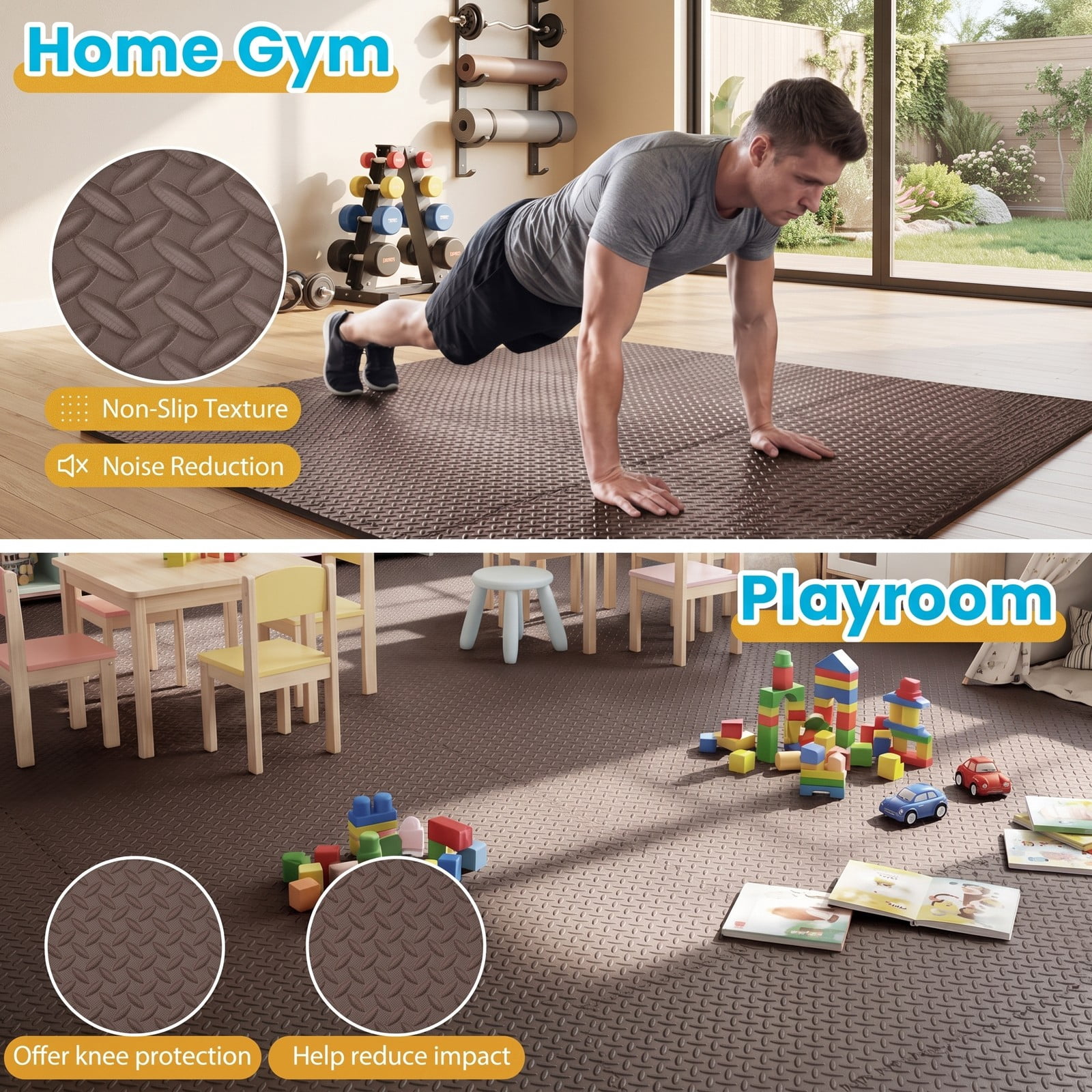 Airfind 24 Tiles Puzzle Exercise Floor Mat with Interlocking EVA Foam and Non-Slip Texture for Home Gym Equipment Protection, Brown