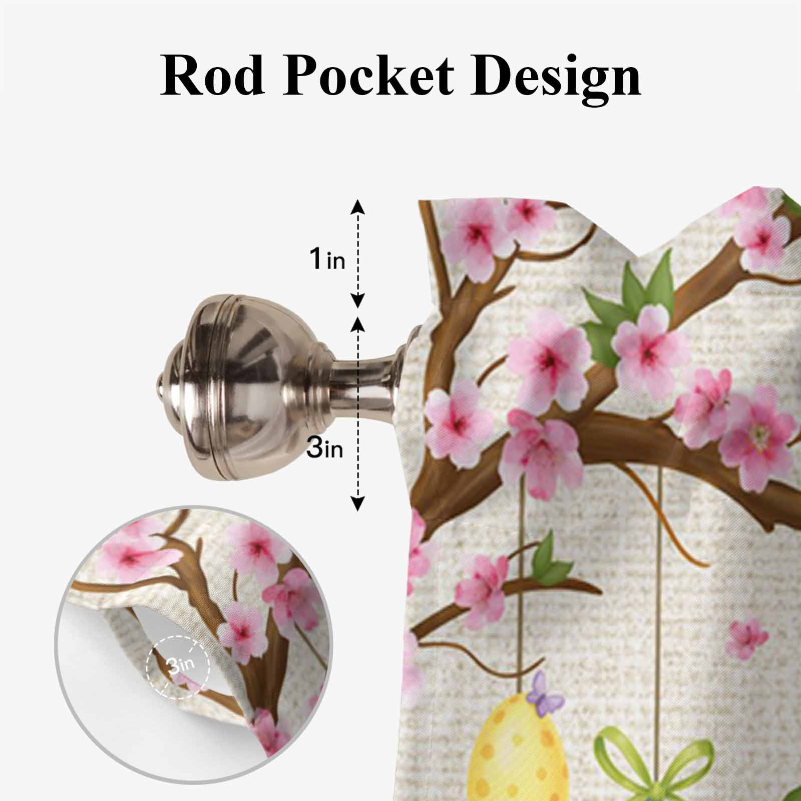 Happy Easter Tie Up Valances Curtain, Colorful Rabbit Ears on Easter Egg Spring Floral Tree Linen Texture Adjustable Rod Pocket Short Window Treatment Tie Up Curtains for Kitchen Living Room 60x18 In
