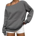 thumbnail image 3 of WAYUTE Sweatshirt for Women Off The Shoulder Sweatshirt Drop Shoulder Long Sleeve Front Pocket Oversized Tunic Top Solid Color Fall Pullover Casual Outdoor,Dark Gray,S, 3 of 6