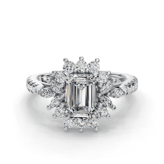 Bow Jewelry 2 Ct Emerald Cut Engagement Wedding Ring - Multi-Stone Halo-Style Moissanite Ring for Women - Lab-Created Moissanite - 14K White Gold Plated Prong Setting - Special Occasion Gift