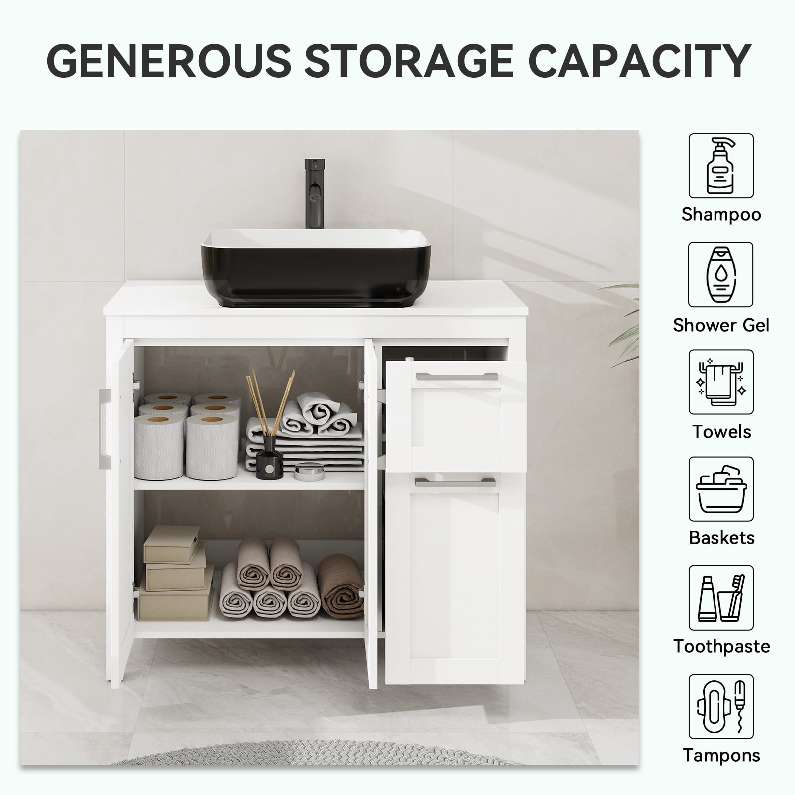 FULLWATT 36 Inches Traditional Bathroom Vanity in White Finish with Square Ceramic Vessel Sink, Single Bathroom Vanity with Top, 2-Door Cabinet and 2 Drawers