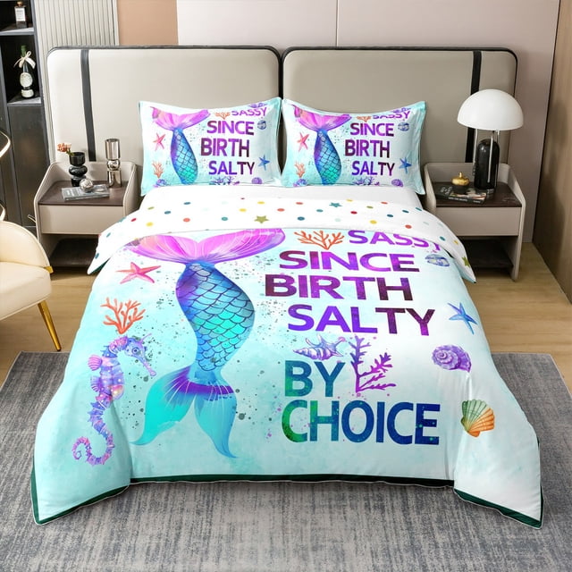 Erosebridal Queue de Sirène Housse de Couette 100 % Coton Format Très Grand, Princesse de Rêve Housse de Couette 100 % Coton Très Grand, Décor d'Animaux Marins, Réversible 3 Pcs (Sans Couette)