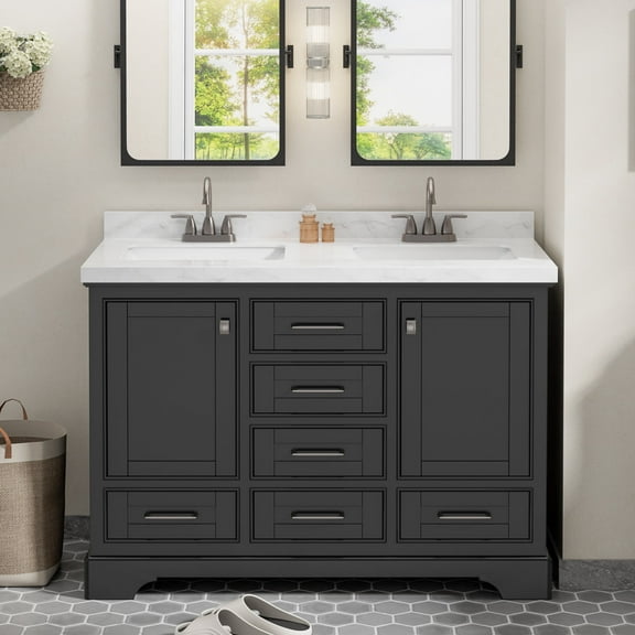Eclife 48-Inch Fully Assembled Double Sink Bathroom Vanity with Engineered Marble Top