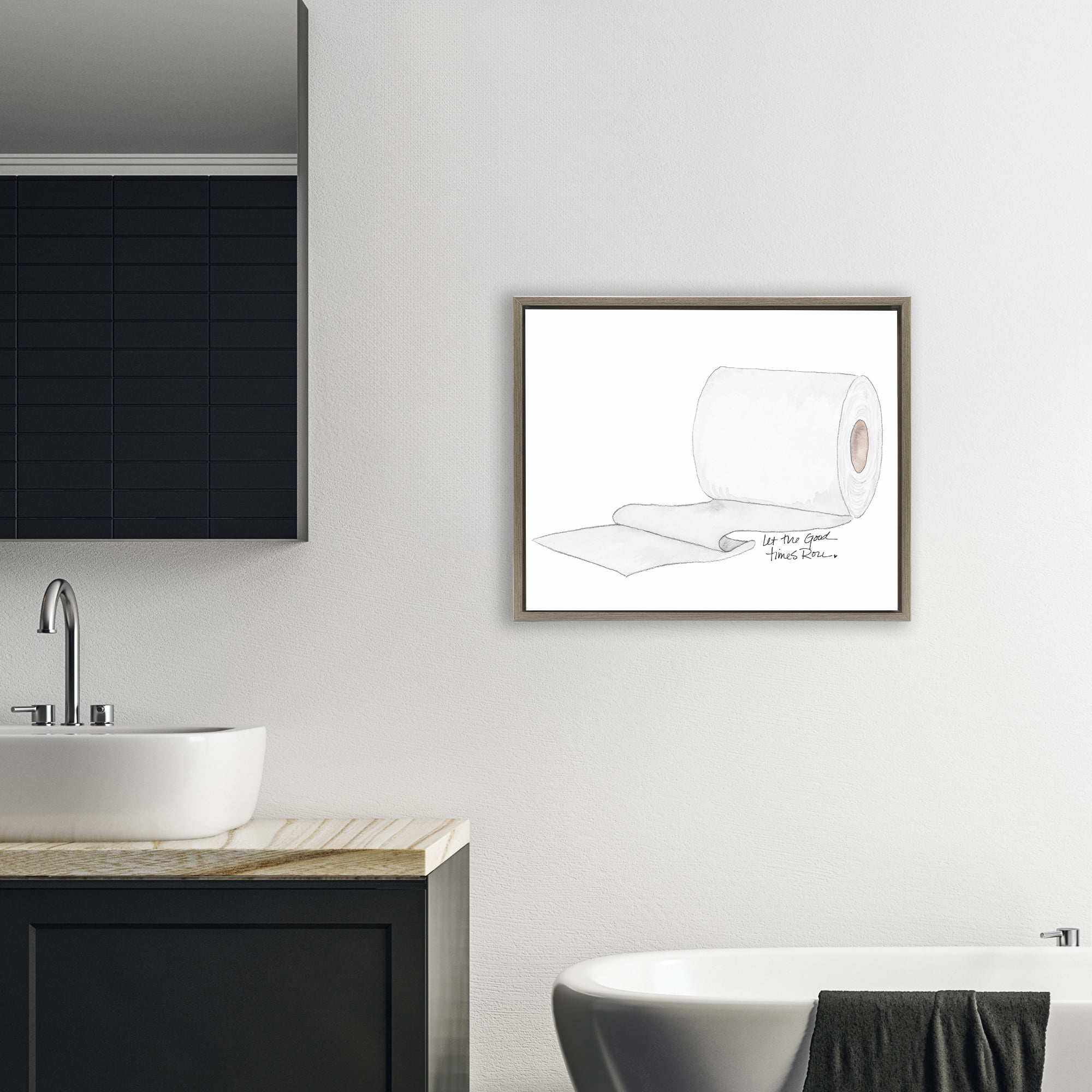 Stupell Industries Good Times Roll Toilet Paper Brown Framed Floater Canvas Wall Art, design by Nola James